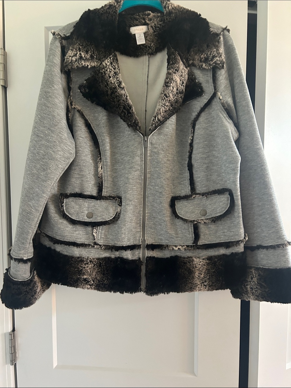 Teddy Jacket with Dark Faux Fur Trim Gray part is sweatshirt
